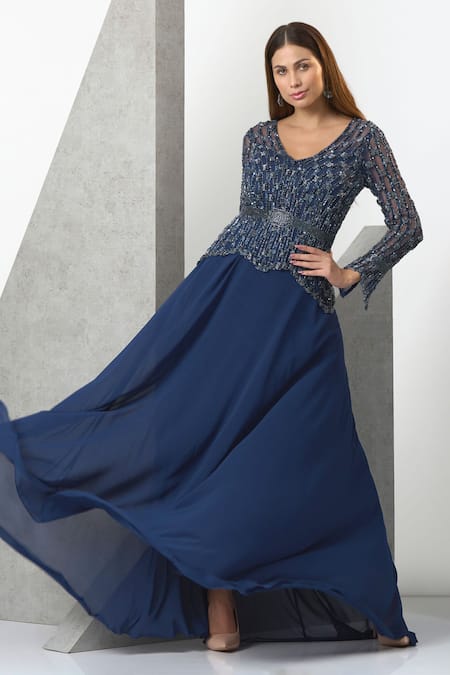 Buy_Eli Bitton_Blue Chiffon Sequins, Pearls V-neck Hand Embroidered Flared Gown _Online_at_Aza_Fashions