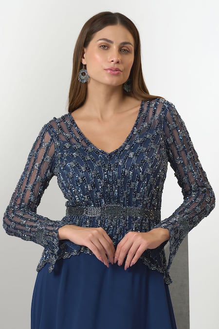 Shop_Eli Bitton_Blue Chiffon Sequins, Pearls V-neck Hand Embroidered Flared Gown _Online_at_Aza_Fashions