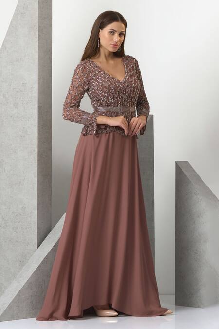 Eli Bitton_Brown Chiffon Pearls, Sequins V-neck And Hand Embroidered Gown _Online_at_Aza_Fashions