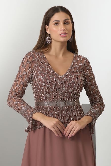Buy_Eli Bitton_Brown Chiffon Pearls, Sequins V-neck And Hand Embroidered Gown _Online_at_Aza_Fashions