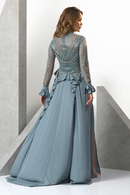Eli Bitton Hand Embroidered Ruffle Gown 