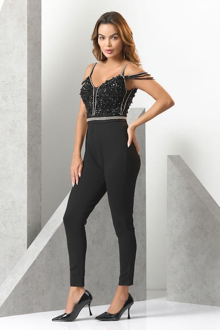 Shop_Eli Bitton_Black Crepe, Polyester Sequins, Embroidery Plunge Neck Crystal Hand Jumpsuit _Online_at_Aza_Fashions