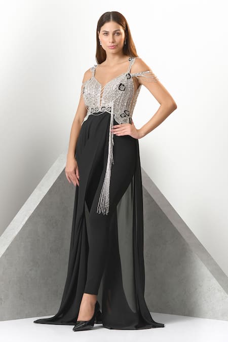 Buy_Eli Bitton_Black Crepe, Polyester Sequins, Crystals Plunge Neck Embroidered Draped Jumpsuit _Online_at_Aza_Fashions