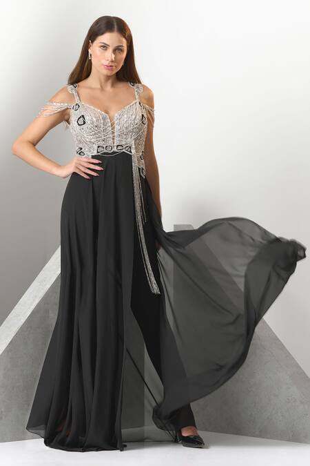 Shop_Eli Bitton_Black Crepe, Polyester Sequins, Crystals Plunge Neck Embroidered Draped Jumpsuit _Online_at_Aza_Fashions