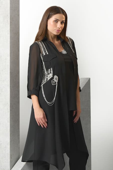 Eli Bitton_Black Chiffon, Crepe Sequins, Tassels Hand Embroidered Shirt Kurta And Pant Set _Online_at_Aza_Fashions