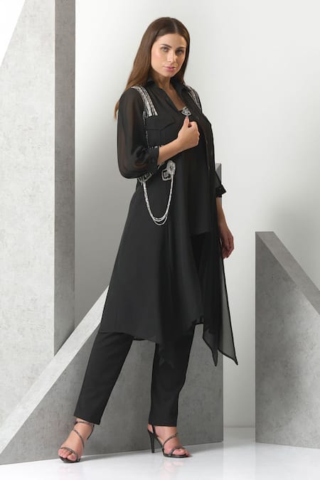 Buy_Eli Bitton_Black Chiffon, Crepe Sequins, Tassels Hand Embroidered Shirt Kurta And Pant Set _Online_at_Aza_Fashions