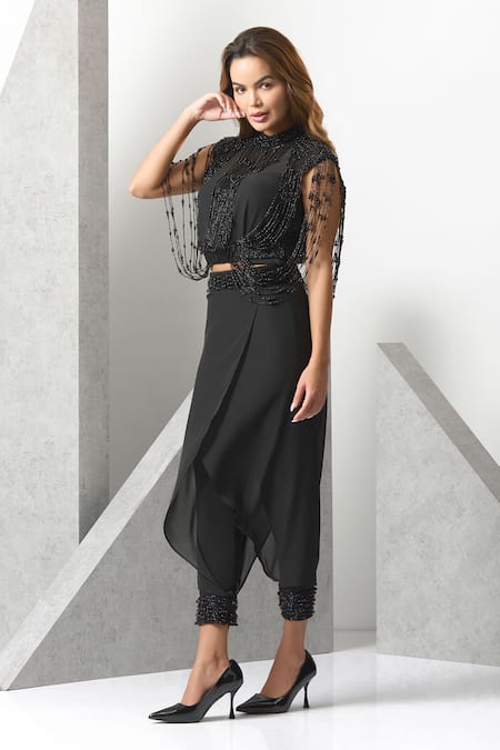 Eli Bitton_Black Chiffon, Crepe, Satin Pearls, Tassels, Embroidery Hand Top And Pant Set _Online_at_Aza_Fashions
