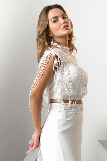 Shop_Eli Bitton_White Chiffon, Crepe, Polyester Pearls, Tassels Hand Embroidered Top With Pant _Online_at_Aza_Fashions