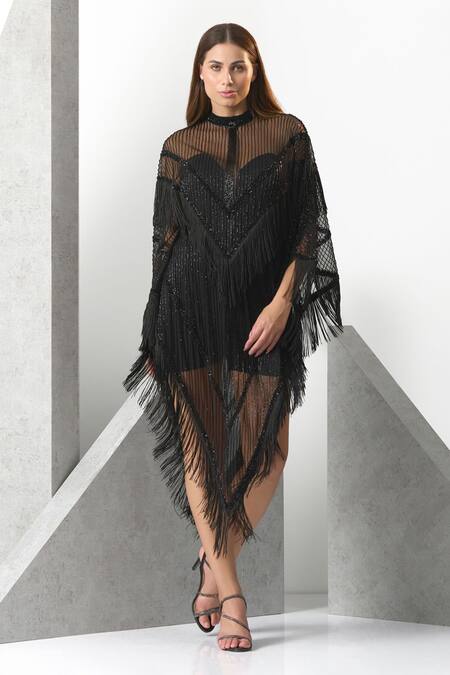 Buy_Eli Bitton_Black Tulle, Polyester Embroidery Turtle Neck Hand Kaftan _Online_at_Aza_Fashions