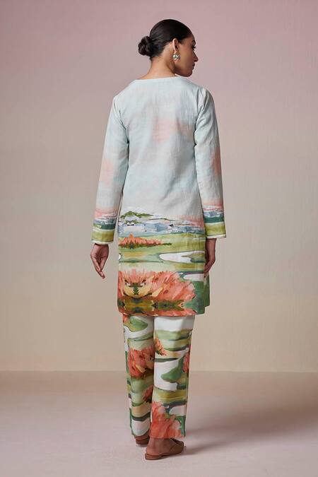 Shop Dressfolk Blue Linen, Cotton V-neck Aqua Abstract Print Kurta Set at Aza Fashions Shop_Dressfolk_Blue Linen, Cotton V-neck Aqua Abstract Print Kurta Set_at_Aza_Fashions