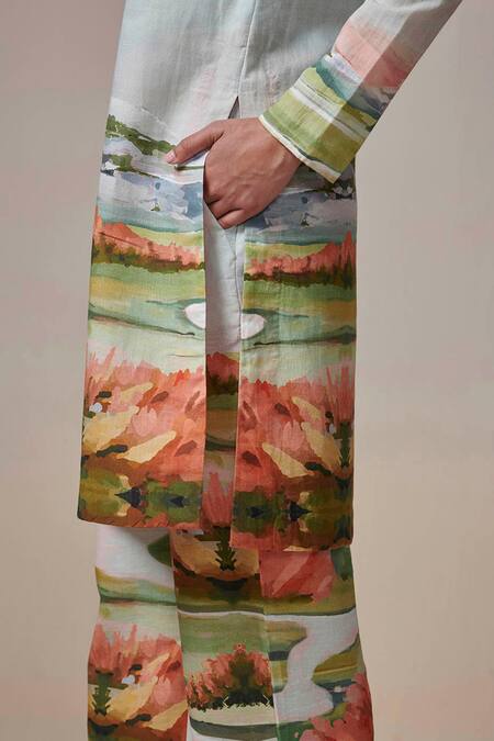 Dressfolk Blue Linen, Cotton V-neck Aqua Abstract Print Kurta Set Online at Aza Fashions Dressfolk_Blue Linen, Cotton V-neck Aqua Abstract Print Kurta Set_Online_at_Aza_Fashions