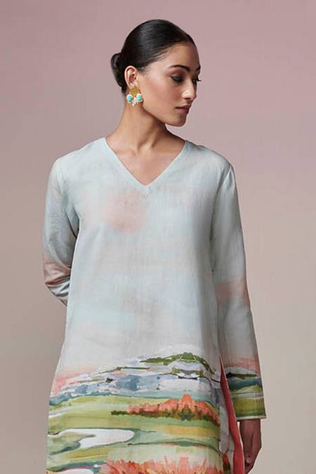 Shop Dressfolk Blue Linen, Cotton V-neck Aqua Abstract Print Kurta Set Online at Aza Fashions Shop_Dressfolk_Blue Linen, Cotton V-neck Aqua Abstract Print Kurta Set_Online_at_Aza_Fashions