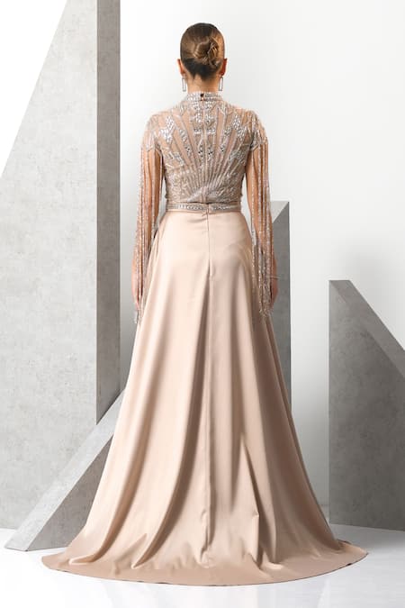 Eli Bitton Geometric Embroidered High Neck Gown 