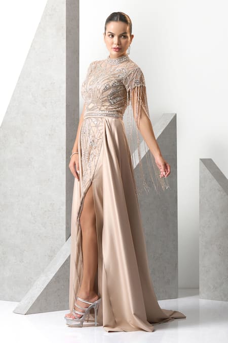Buy_Eli Bitton_Peach Silk Crystals, Sequins High Neck Geometric Embroidered Gown _Online_at_Aza_Fashions