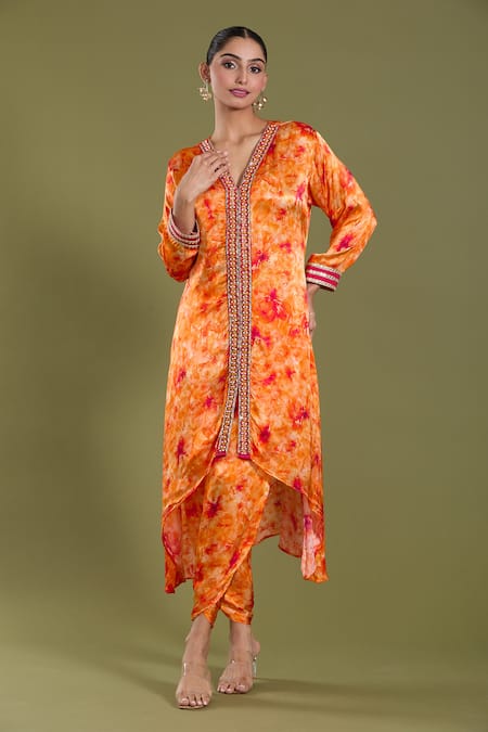 Amani Orange Satin Silk Embellished Tie Dye V Neck Kurta And Tulip Pant Set 