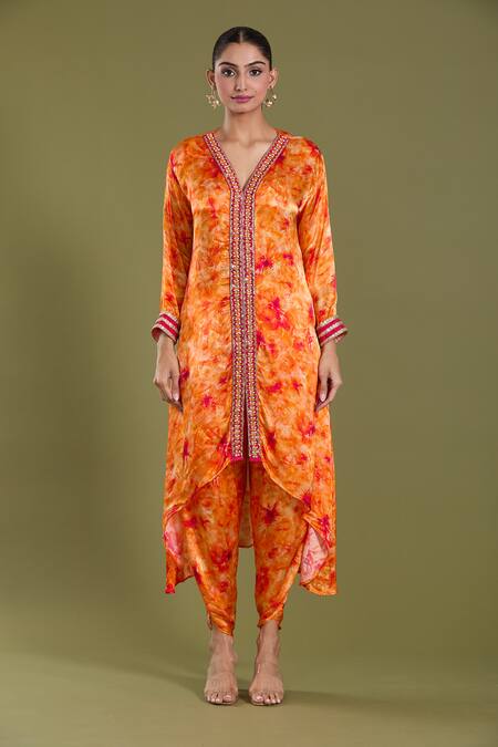 Amani Orange Satin, Silk Beads, Sequins V-neck Tie Dye Kurta And Tulip Pant Set Online at Aza Fashions Amani_Orange Satin, Silk Beads, Sequins V-neck Tie Dye Kurta And Tulip Pant Set_Online_at_Aza_Fashions