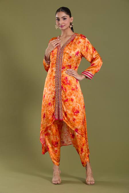 Shop Amani Orange Satin, Silk Beads, Sequins V-neck Tie Dye Kurta And Tulip Pant Set Online at Aza Fashions Shop_Amani_Orange Satin, Silk Beads, Sequins V-neck Tie Dye Kurta And Tulip Pant Set_Online_at_Aza_Fashions