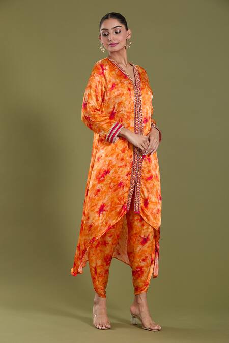 Amani Orange Satin, Silk Beads, Sequins V-neck Tie Dye Kurta And Tulip Pant Set at Aza Fashions Amani_Orange Satin, Silk Beads, Sequins V-neck Tie Dye Kurta And Tulip Pant Set_at_Aza_Fashions