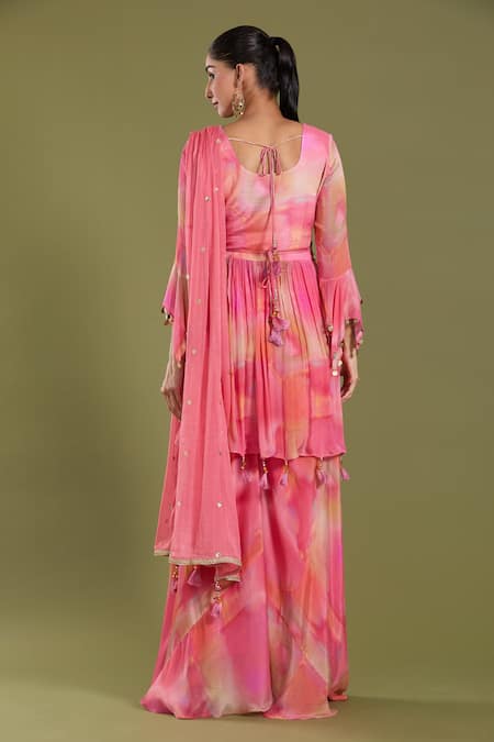 Amani_Pink Crepe Silk Printed Abstract V Neck Kurta Sharara Set _Online_at_Aza_Fashions