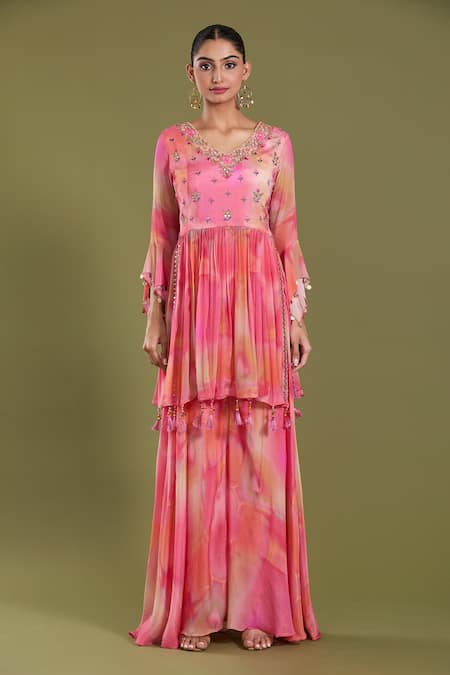 Buy_Amani_Pink Crepe Silk Printed Abstract V Neck Kurta Sharara Set _Online_at_Aza_Fashions