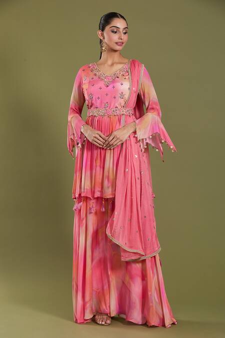Buy_Amani_Pink Crepe Silk Printed Abstract V Neck Kurta Sharara Set 