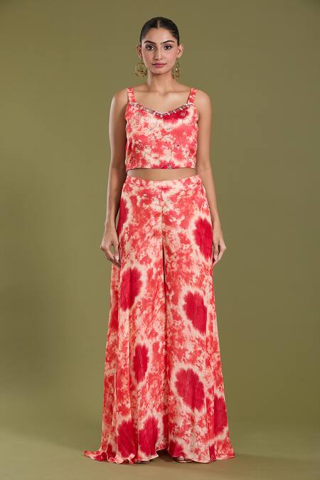 Buy_Amani_Coral Crepe, Silk Beads, Mirrors Open Neck, Tie Dye Jacket Flared Pant Set _Online_at_Aza_Fashions
