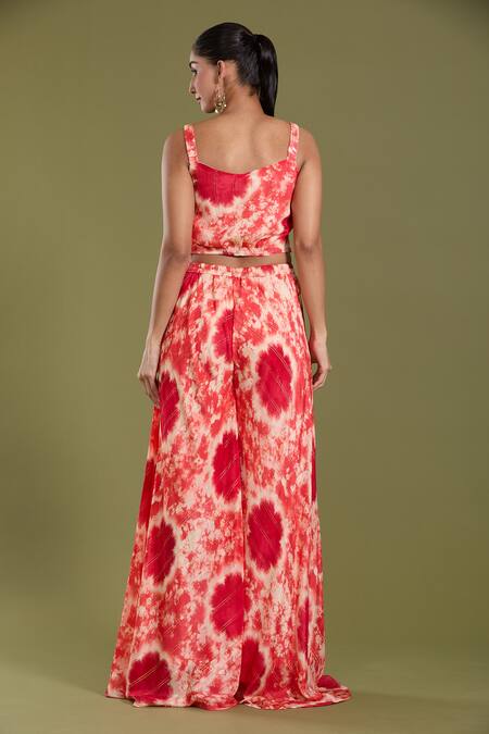 Shop_Amani_Coral Crepe, Silk Beads, Mirrors Open Neck, Tie Dye Jacket Flared Pant Set _Online_at_Aza_Fashions