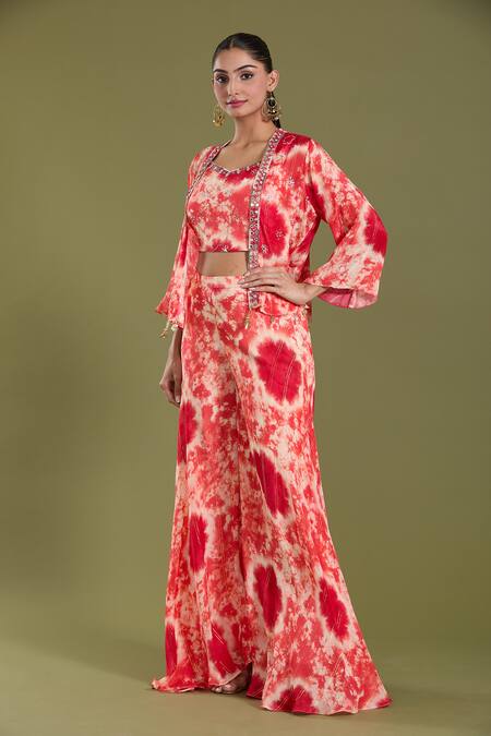 Amani_Coral Crepe, Silk Beads, Mirrors Open Neck, Tie Dye Jacket Flared Pant Set _at_Aza_Fashions