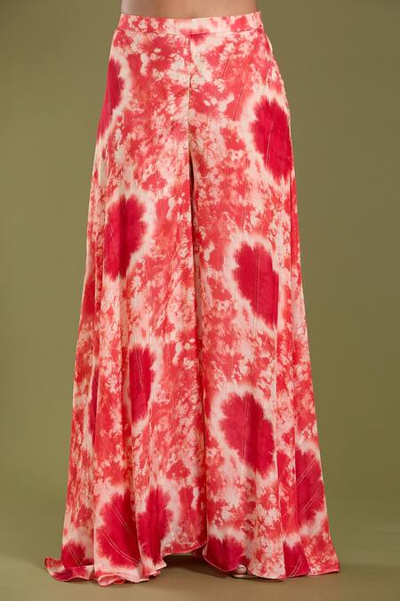 Buy_Amani_Coral Crepe, Silk Beads, Mirrors Open Neck, Tie Dye Jacket Flared Pant Set 