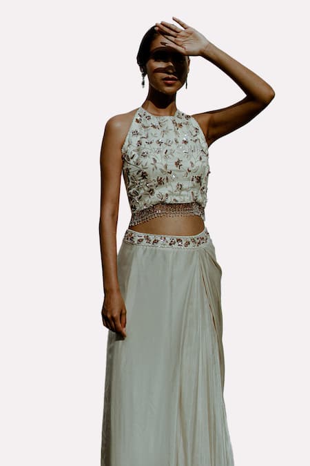 Pavone By Akanksha Chopra_Off White Georgette, Satin Sequins, Floral Motif Hand Blouse With Dhoti Skirt _Online_at_Aza_Fashions