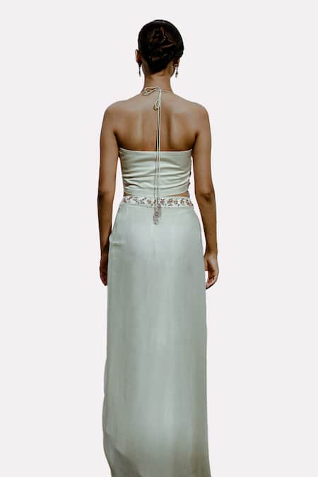 Buy_Pavone By Akanksha Chopra_Off White Georgette, Satin Sequins, Floral Motif Hand Blouse With Dhoti Skirt _Online_at_Aza_Fashions