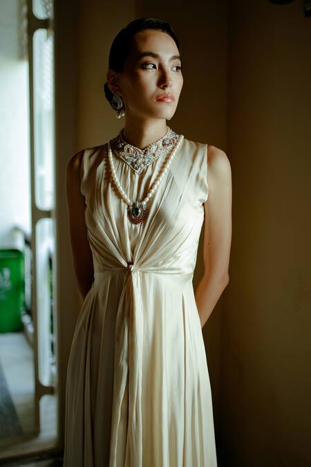 Shop_Pavone By Akanksha Chopra_Off White Satin Cut Work, Embroidery High Neck Front Tie-up Gown _Online_at_Aza_Fashions