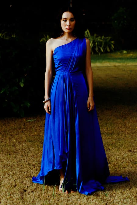 Pavone by Akanksha Chopra Blue Satin Solid Asymmetric Drape Dress 