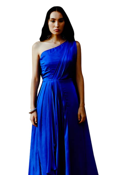 Pavone By Akanksha Chopra_Blue Satin Asymmetric Drape Dress _Online_at_Aza_Fashions