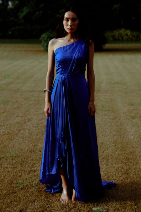 Buy_Pavone By Akanksha Chopra_Blue Satin Asymmetric Drape Dress _Online_at_Aza_Fashions