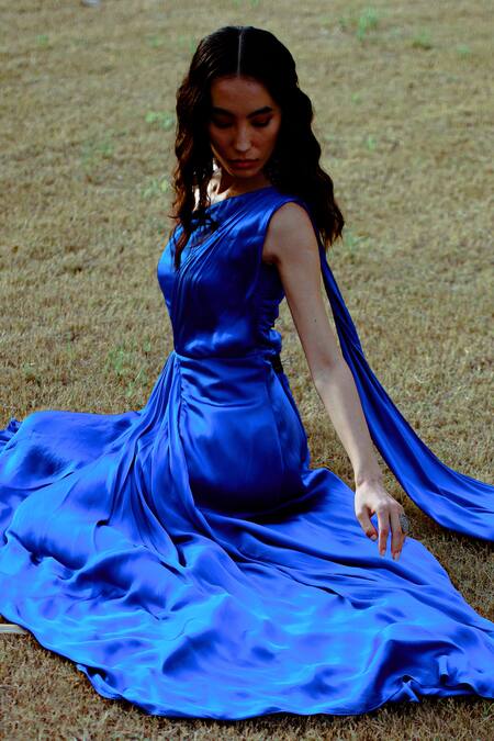 Shop_Pavone By Akanksha Chopra_Blue Satin Asymmetric Drape Dress _Online_at_Aza_Fashions
