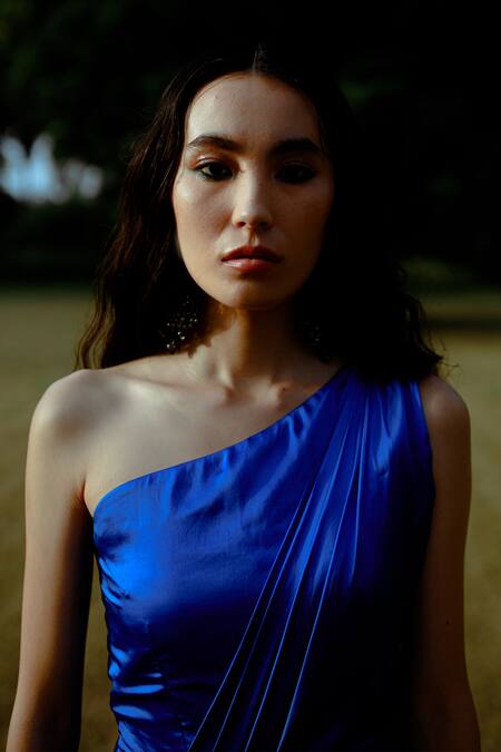 Pavone By Akanksha Chopra_Blue Satin Asymmetric Drape Dress _at_Aza_Fashions
