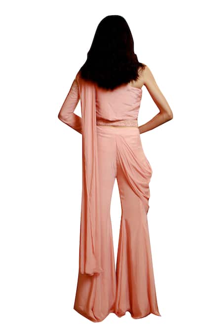 Shop_Pavone By Akanksha Chopra_Pink Georgette, Crepe Cut Work Asymmetric Hand Sleeve Blouse With Flared Pant _Online_at_Aza_Fashions