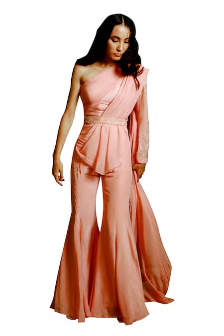 Pavone By Akanksha Chopra_Pink Georgette, Crepe Cut Work Asymmetric Hand Sleeve Blouse With Flared Pant _at_Aza_Fashions