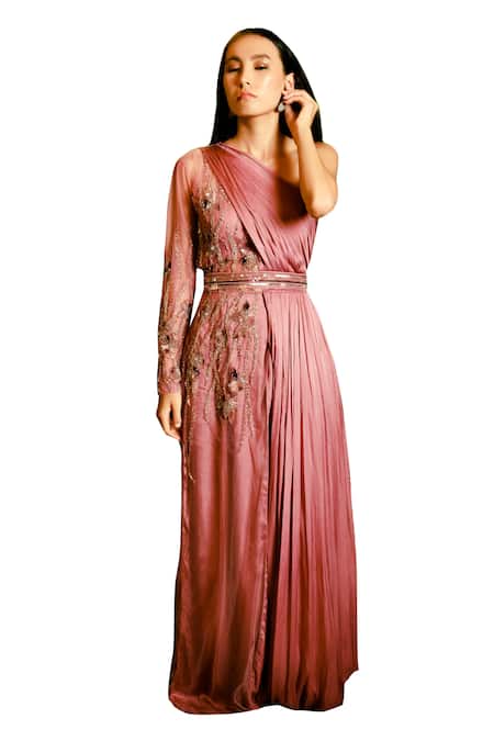 Pavone By Akanksha Chopra_Pink Net, Georgette, Satin Cut Work, Sequins, Embroidery Hand Detailed Gown _Online_at_Aza_Fashions