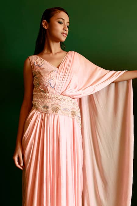 Pavone By Akanksha Chopra Hand Work Gown With Attached Drape 
