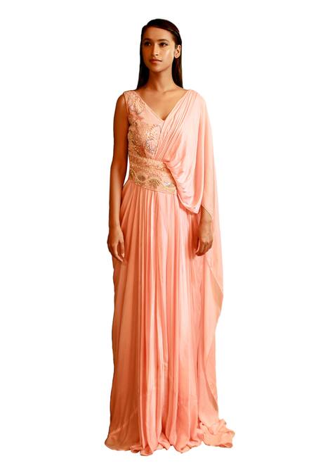 Pavone By Akanksha Chopra_Pink Georgette, Satin Embroidery V-neck Hand Work Gown With Attached Drape _Online_at_Aza_Fashions
