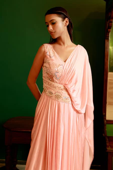 Buy_Pavone By Akanksha Chopra_Pink Georgette, Satin Embroidery V-neck Hand Work Gown With Attached Drape _Online_at_Aza_Fashions