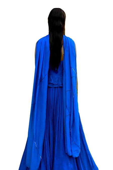 Pavone By Akanksha Chopra_Blue Organza, Georgette Embroidery Sweetheart Mori Hand Work Gown With Dupatta _at_Aza_Fashions