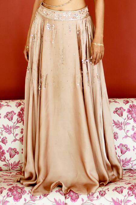 Pavone By Akanksha Chopra_Gold Satin, Organza Hand Work Spaghetti Strap Blouse With Lehenga _Online_at_Aza_Fashions