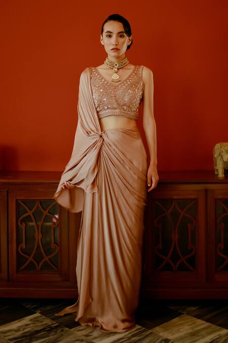 Shop_Pavone By Akanksha Chopra_Gold Satin Sequins, Cut Work, Mirrors V-neck Solid Pre-draped Saree With Blouse _Online_at_Aza_Fashions