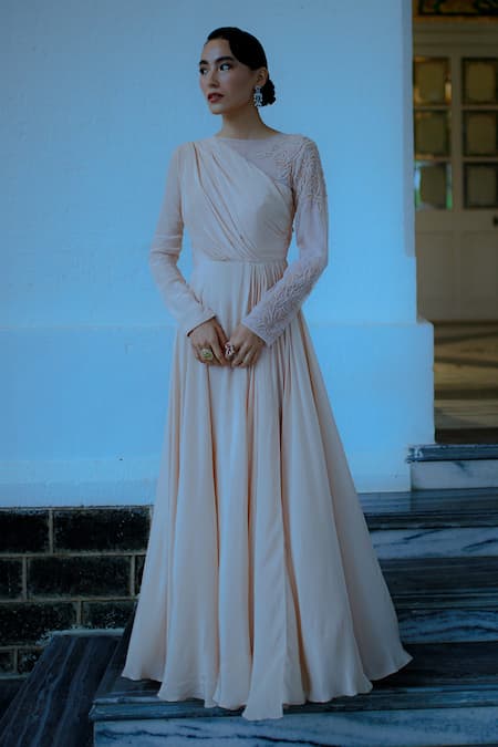 Pavone by Akanksha Chopra Peach Crepe Hand Work Cutdana High Neck Sleeve Gown 