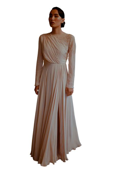 Pavone By Akanksha Chopra_Peach Crepe Cut Work Asymmetric Hand Sleeve Gown _Online_at_Aza_Fashions