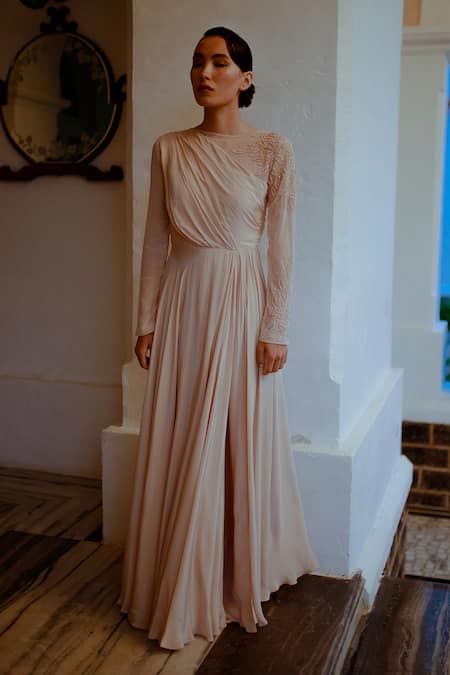 Buy_Pavone By Akanksha Chopra_Peach Crepe Cut Work Asymmetric Hand Sleeve Gown _Online_at_Aza_Fashions