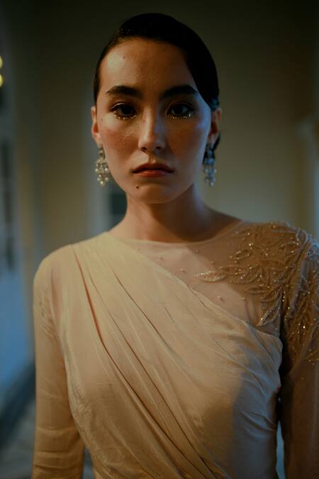 Shop_Pavone By Akanksha Chopra_Peach Crepe Cut Work Asymmetric Hand Sleeve Gown _Online_at_Aza_Fashions